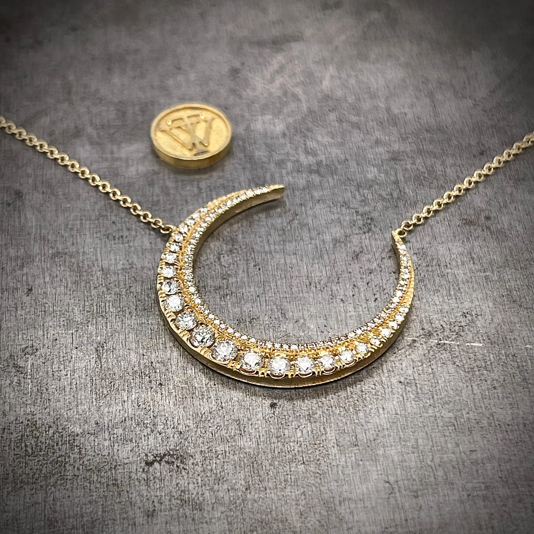 Yellow Gold and Diamond Crescent Moon Necklace